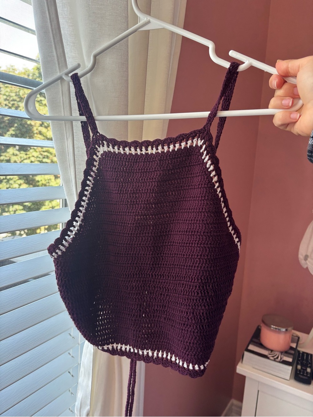 Pull&Bear Plum Crochet Halter Top with White Trim